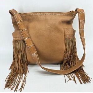 Leather Fringe Hobo Shoulder Bag Whipstitch Boho Tan Western Sabina NY Festival